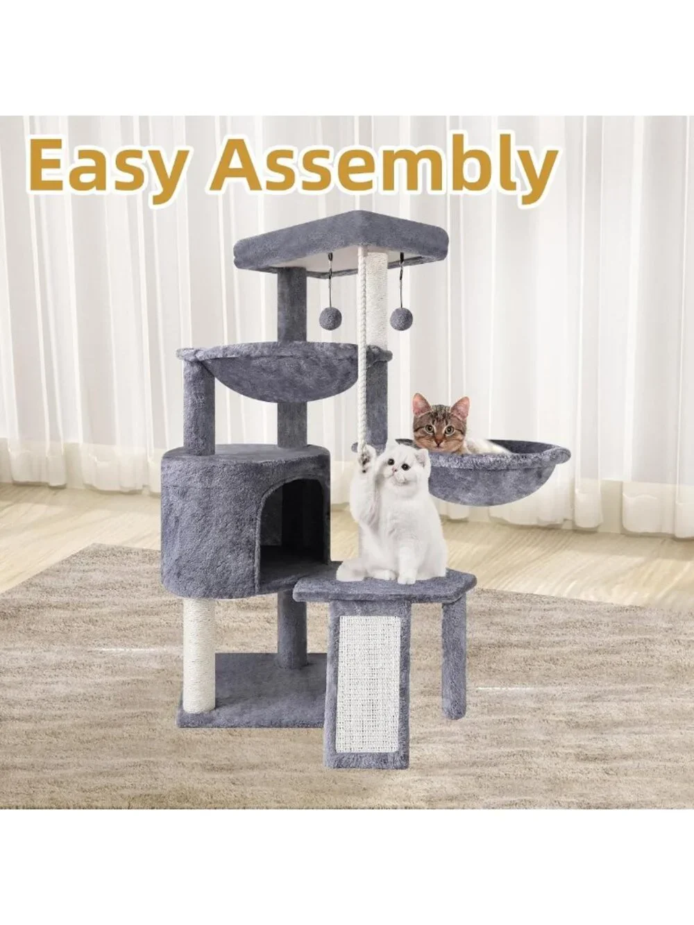 Cozy Three-Tier Cat Tree with Condo & Two Hammocks - Stylish Grey Cat Furniture